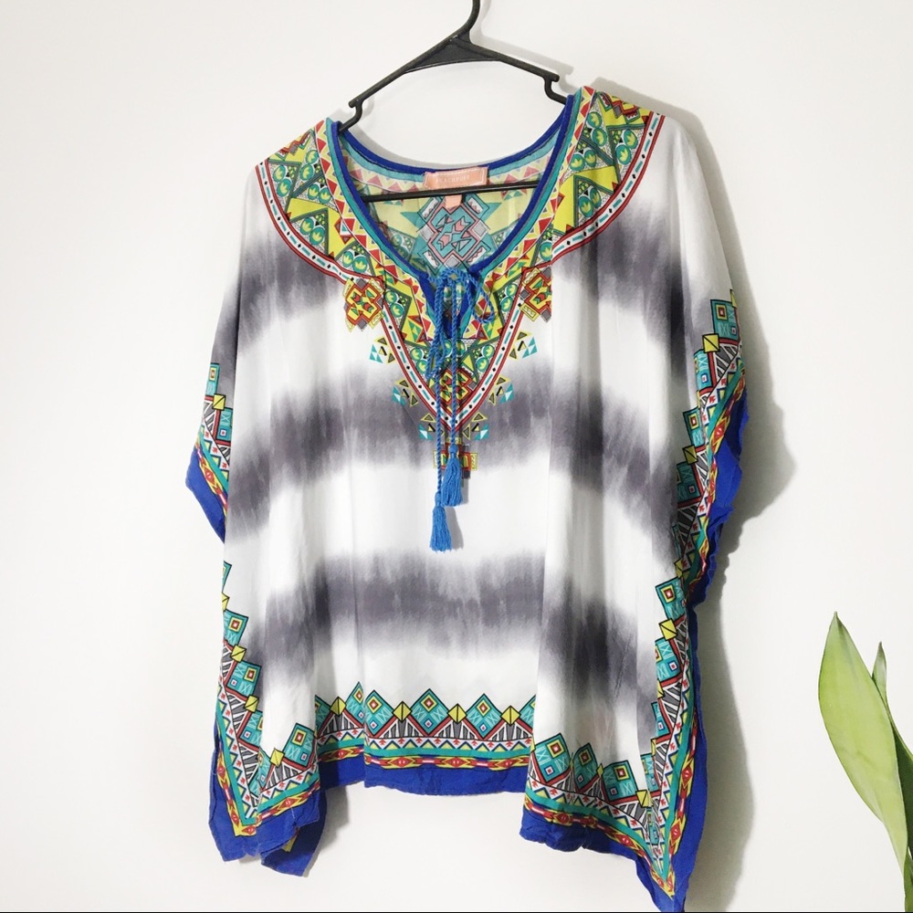 Tribal Print Tassel Short Sleeve Top Size L